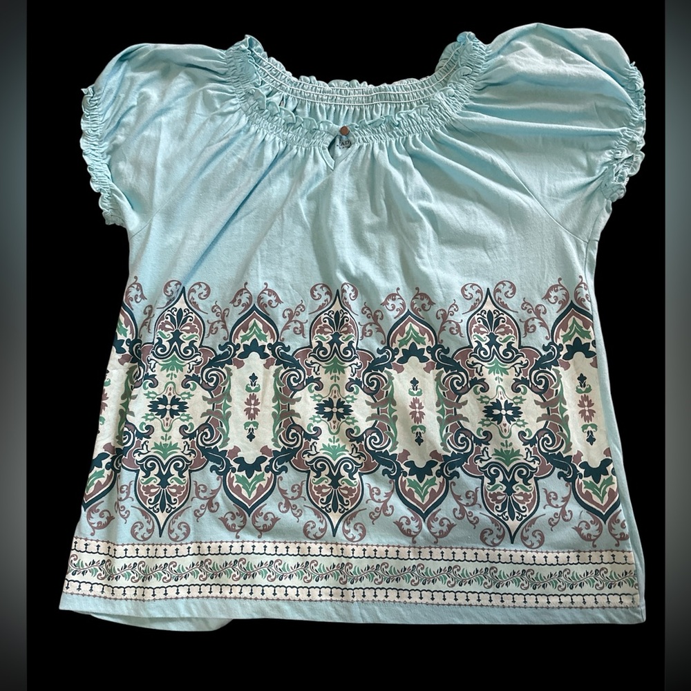 Faded Glory Size XL -Women’s Light Blue Smocked Neck Top with Boho Border Print
